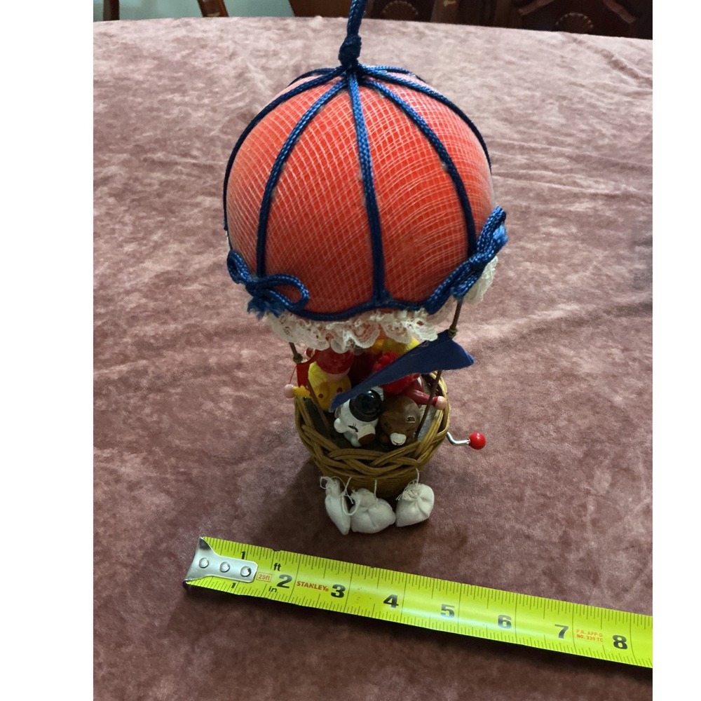 Vintage Hot Air Balloon Music Box Wicker Basket Wooden Clowns Hanging Decor
